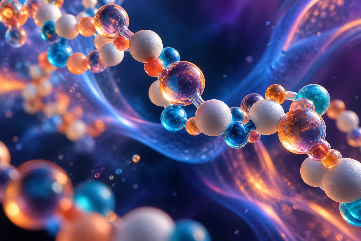 Conceptual molecular forms in cobalt, turquoise, and coral